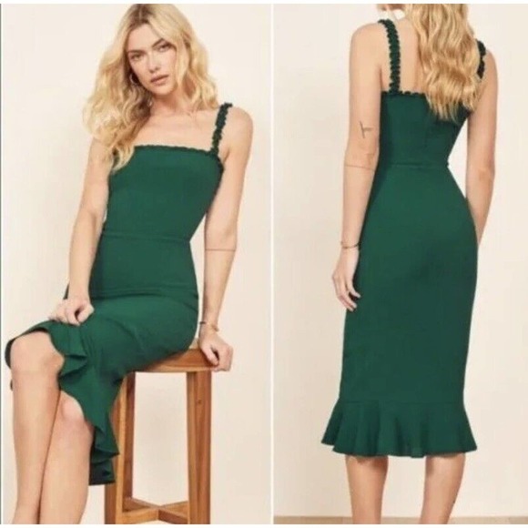Reformation Dresses & Skirts - Reformation Wilshire Ruffle Sleeveless Bodycon Midi Dress Green Size 6 READ